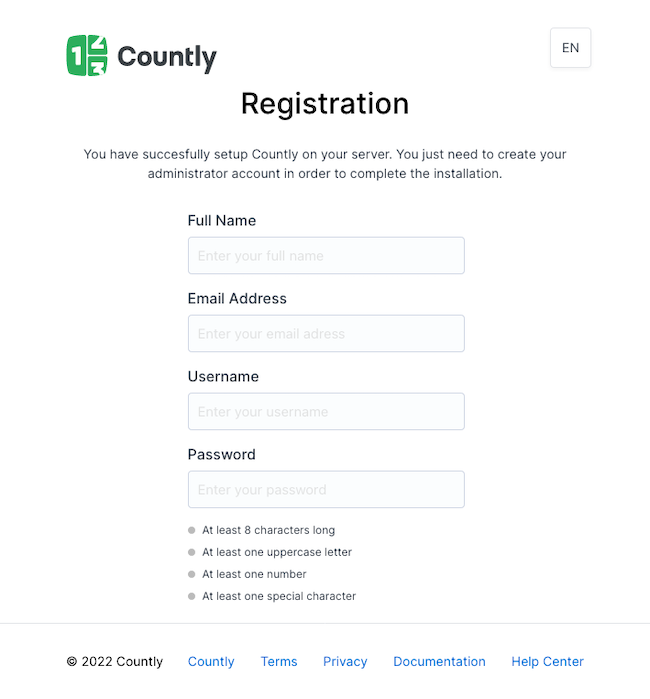 Countly registration page Countly registration page