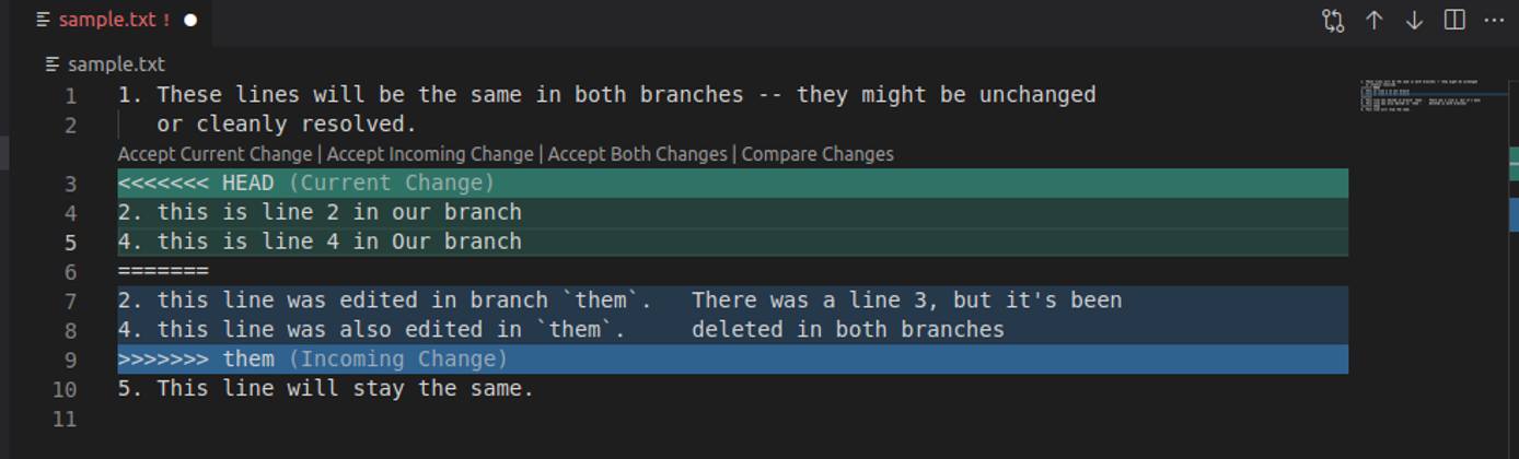 An example Git merge conflict in the VS Code text editor. An example Git merge conflict in the VS Code text editor.